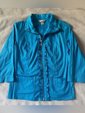 Christopher & Banks Turquoise Ruffle Zip Jacket Utility Cinched Waist M